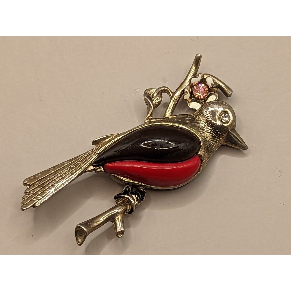 Vintage Red Brown Enamel Bird Brooch